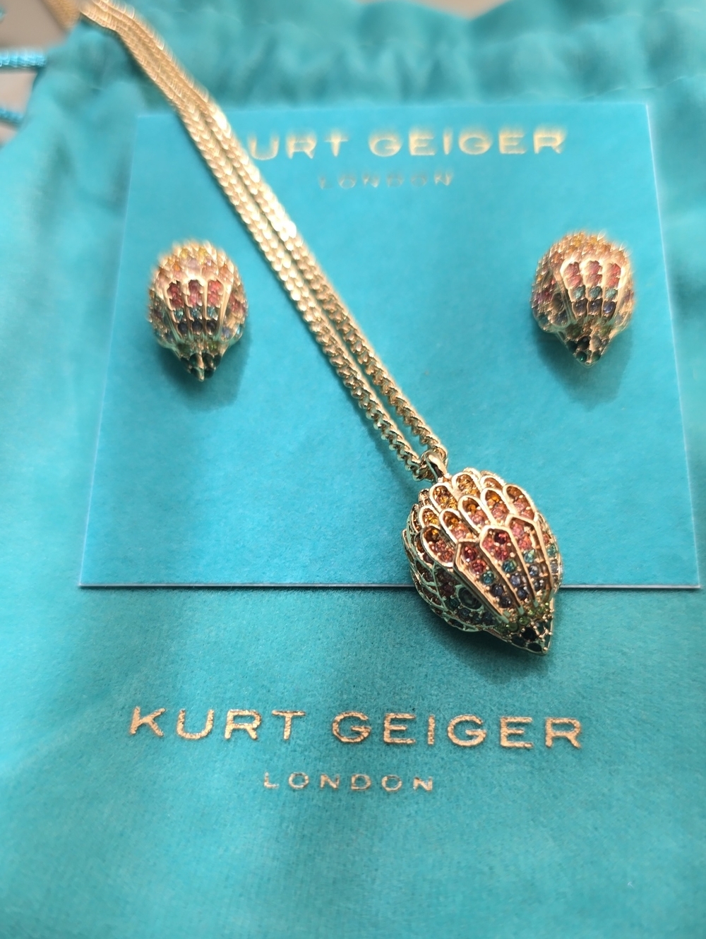 Kurt Geiger Gold-Tone Multicolor Crystal Shell Pendant and Stud Earrings
